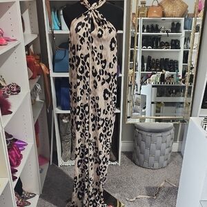 Trina Turk Animal Print Halter Jumpsuit in Black and Tan